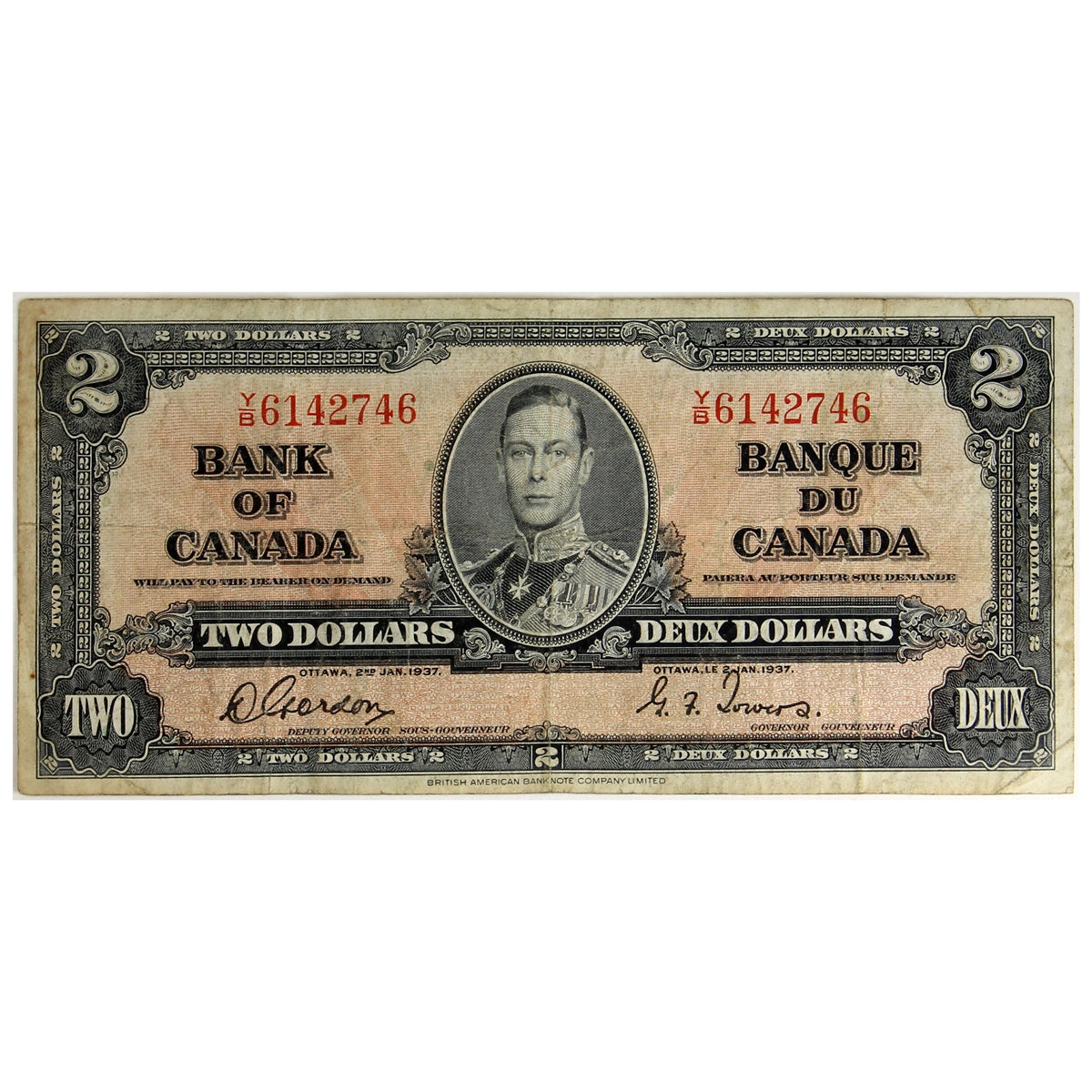 BC-22b 1937 Canada $2 Gordon-Towers, Y/B, F-VF (F15)
