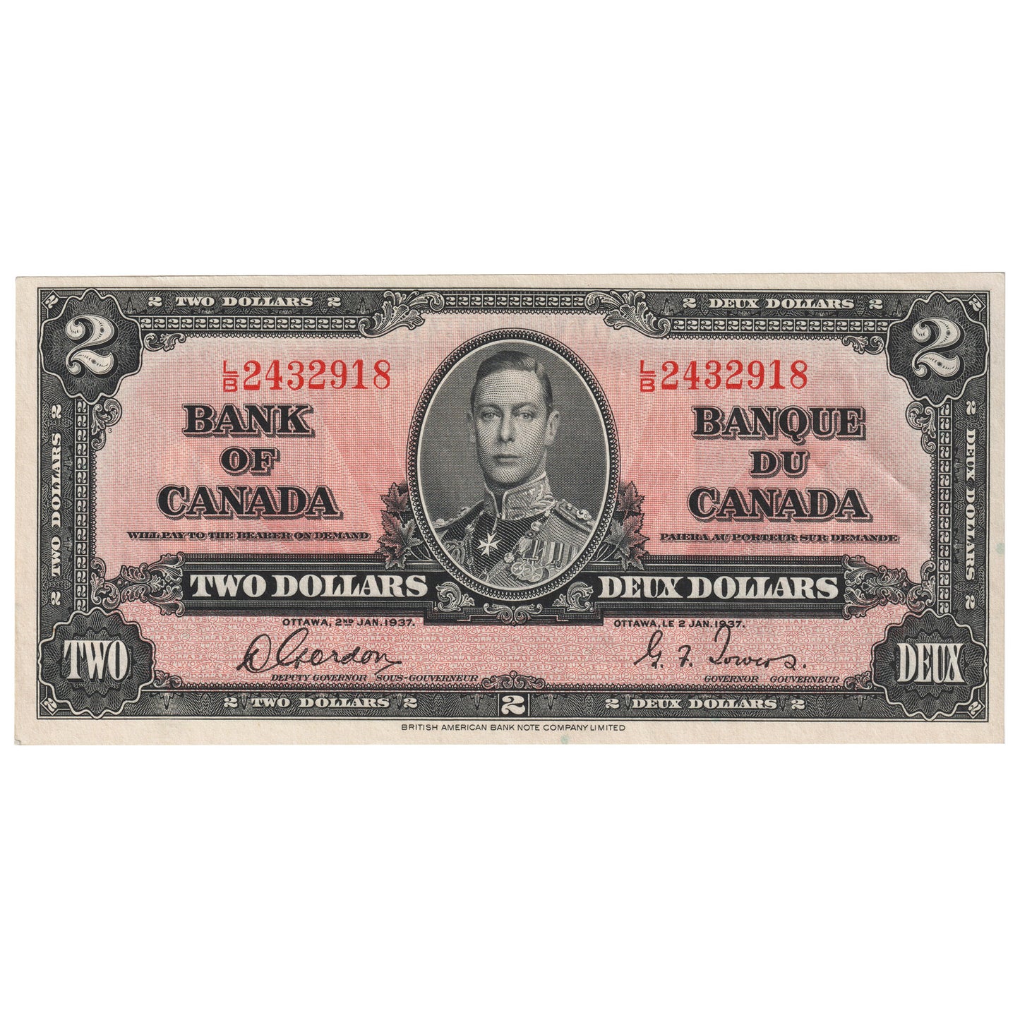 BC-22b 1937 Canada $2 Gordon-Towers, L/B, AU-UNC