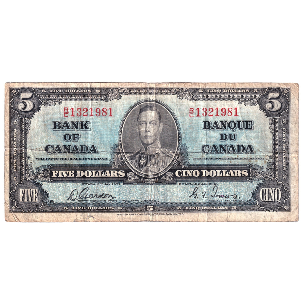 BC-23b 1937 Canada $5 Gordon-Towers, R/C, CIRC
