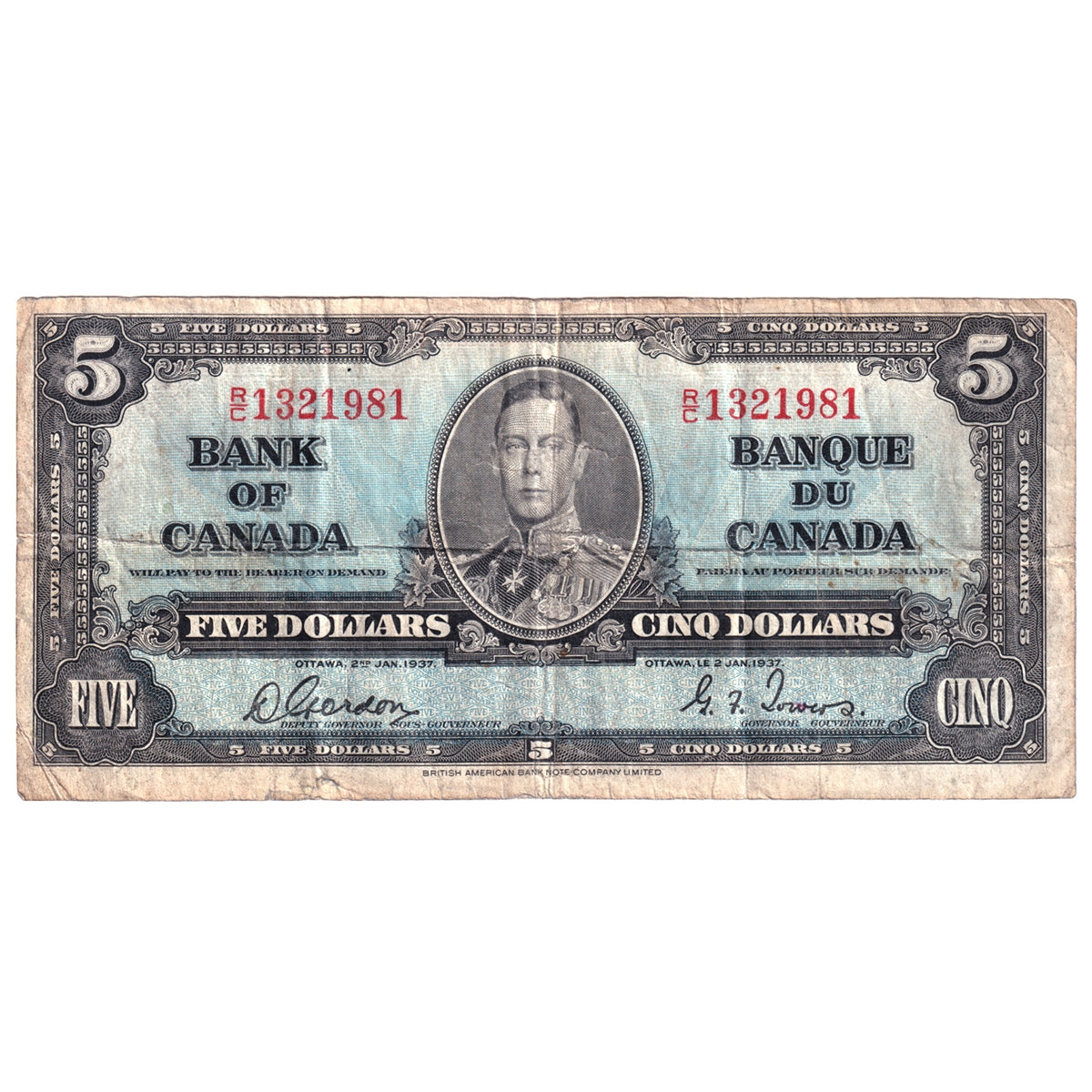 BC-23b 1937 Canada $5 Gordon-Towers, R/C, CIRC