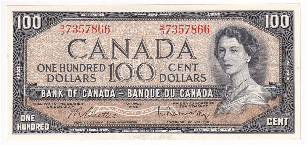 BC-43b 1954 Canada $100 Beattie-Rasminsky, B/J, Uncirculated (MS60)
