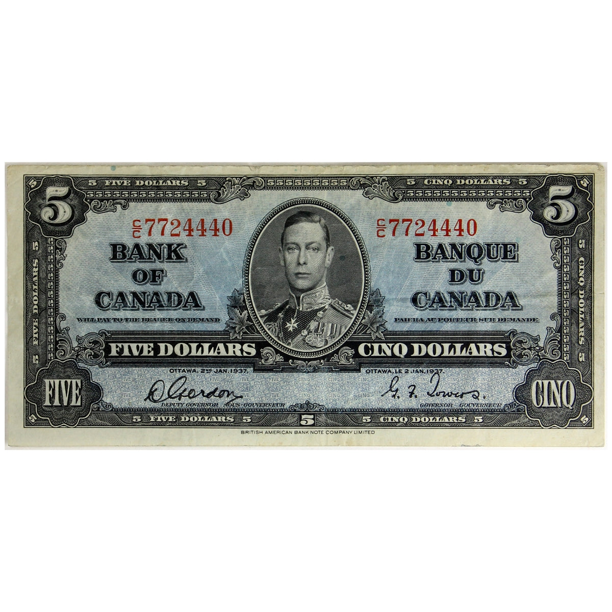 BC-23b 1937 Canada $5 Gordon-Towers, C/C, Very Fine (VF20)