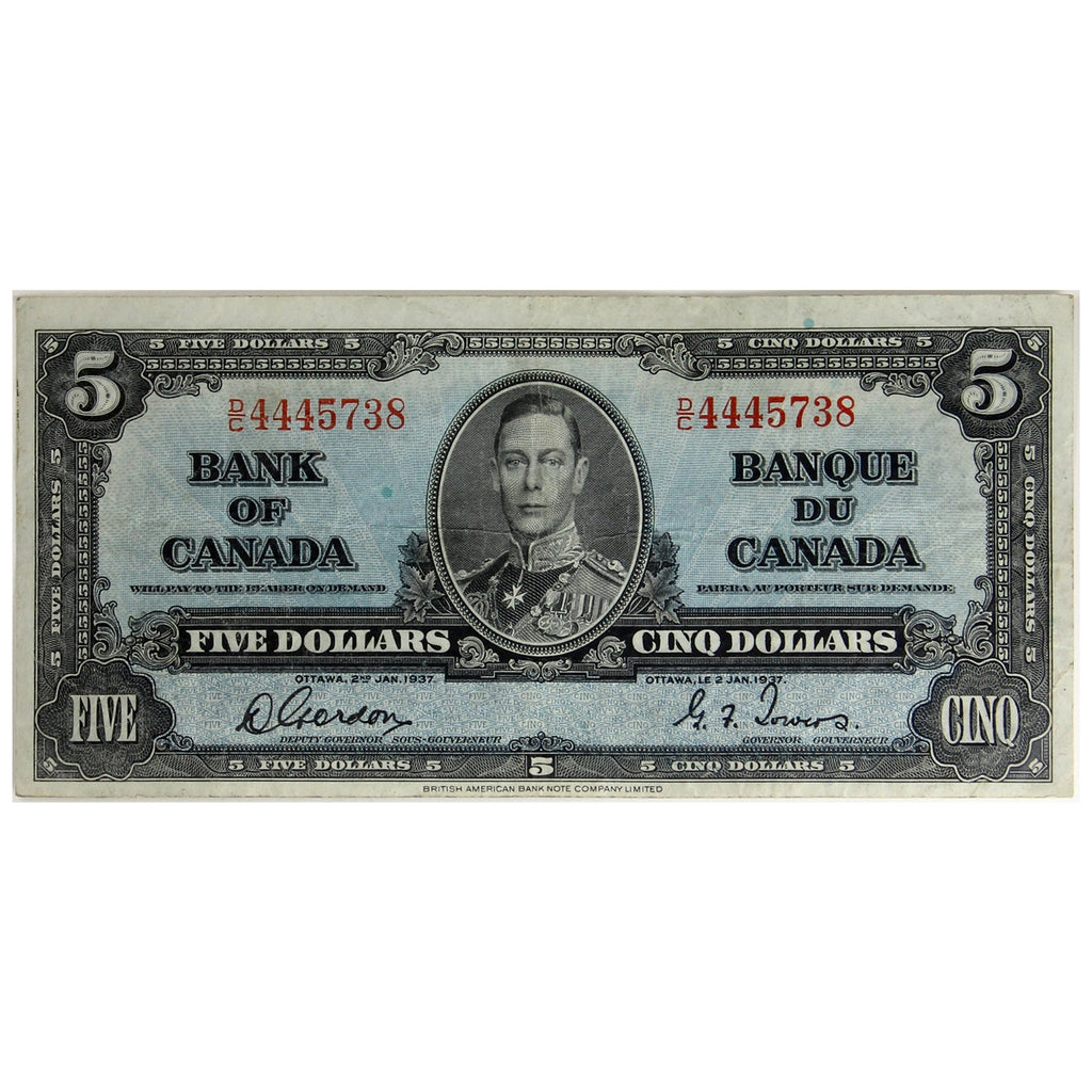 BC-23b 1937 Canada $5 Gordon-Towers, D/C, Very Fine (VF20)
