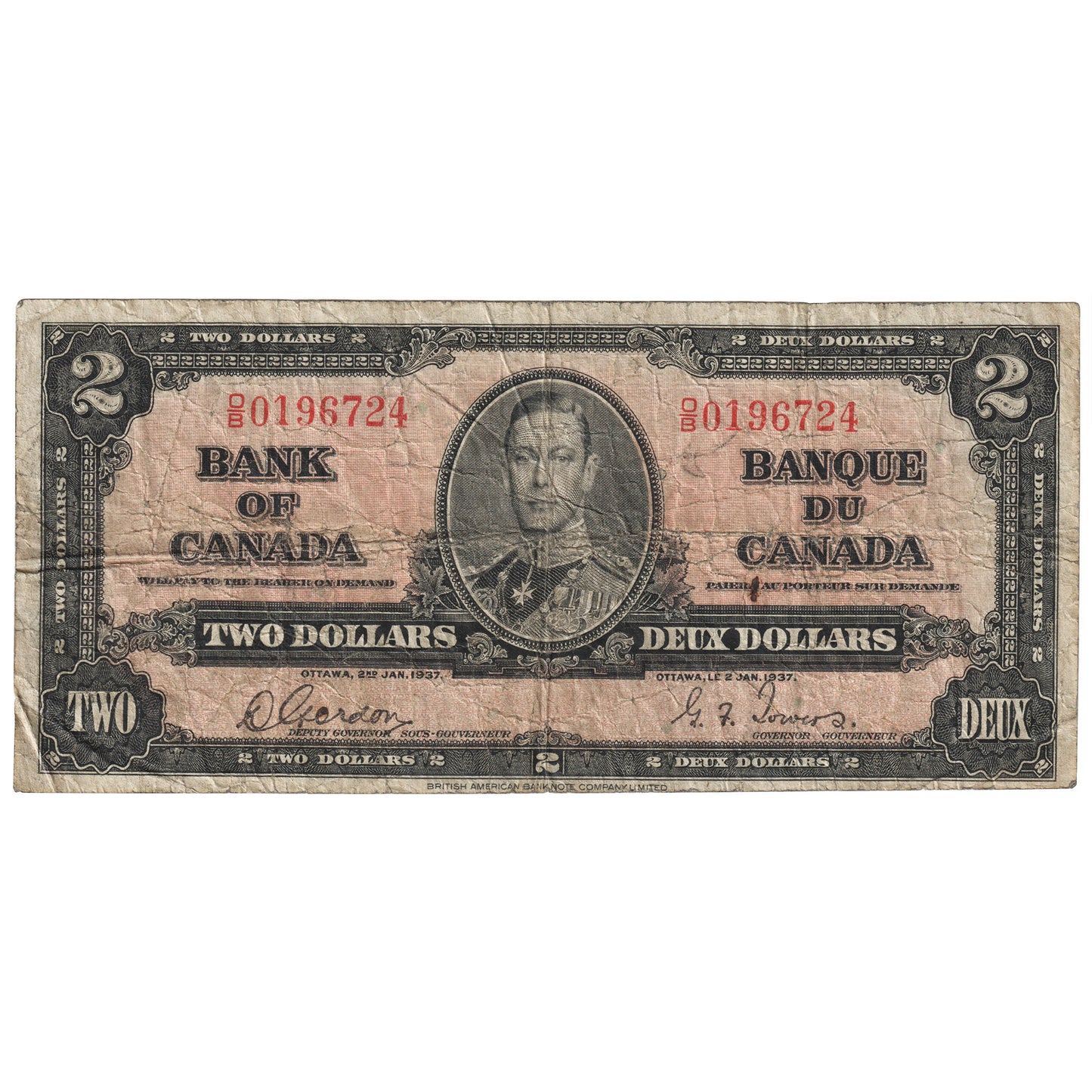 BC-22b 1937 Canada $2 Gordon-Towers, O/B, VG