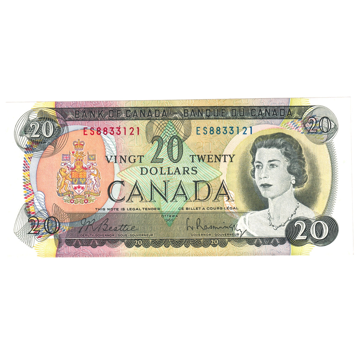 BC-50a 1969 Canada $20 Beattie-Rasminsky, ES, AU-UNC (AU55)