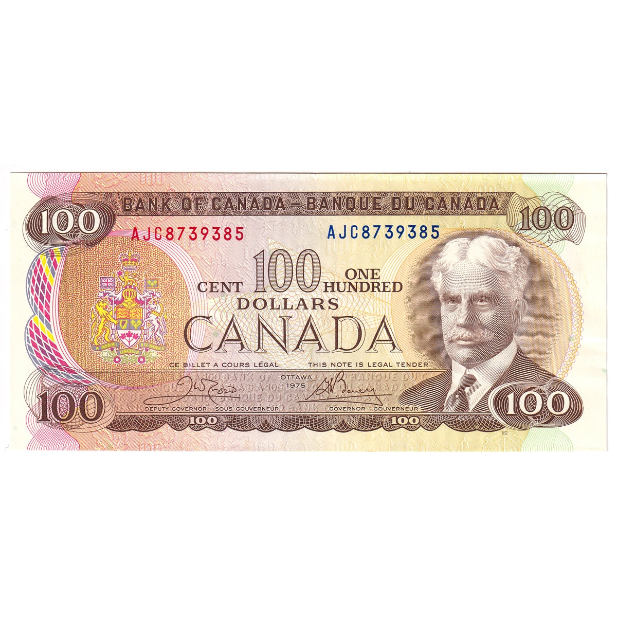 BC-52b 1975 Canada $100 Crow-Bouey, AJC, Almost Uncirculated (AU50)