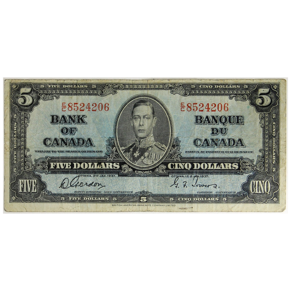 BC-23b 1937 Canada $5 Gordon-Towers, E/C, VG-F (VG10)