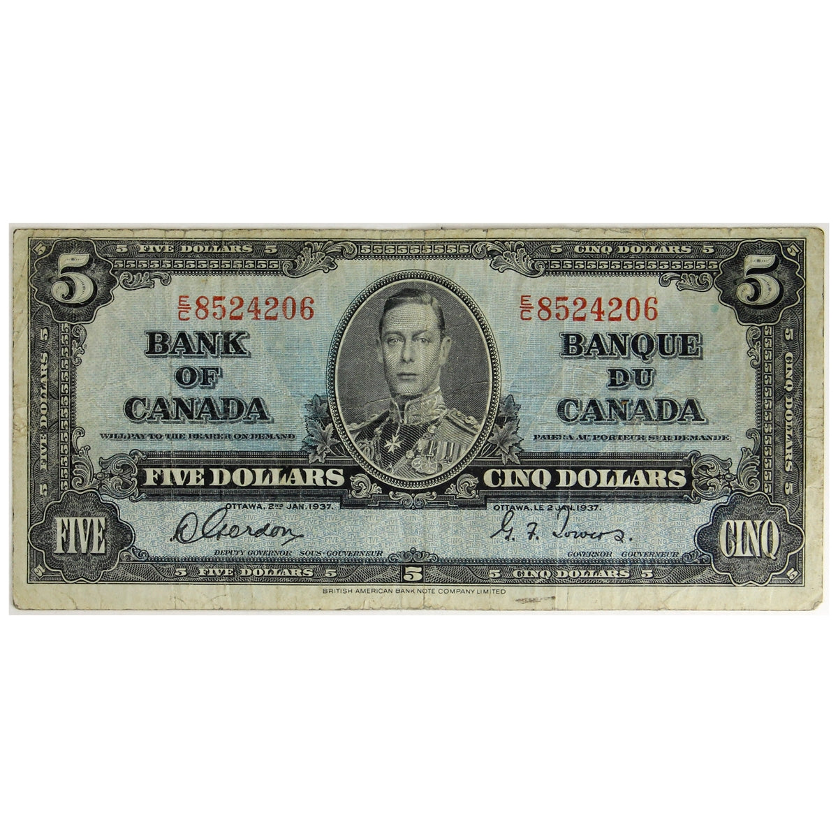 BC-23b 1937 Canada $5 Gordon-Towers, E/C, VG-F (VG10)