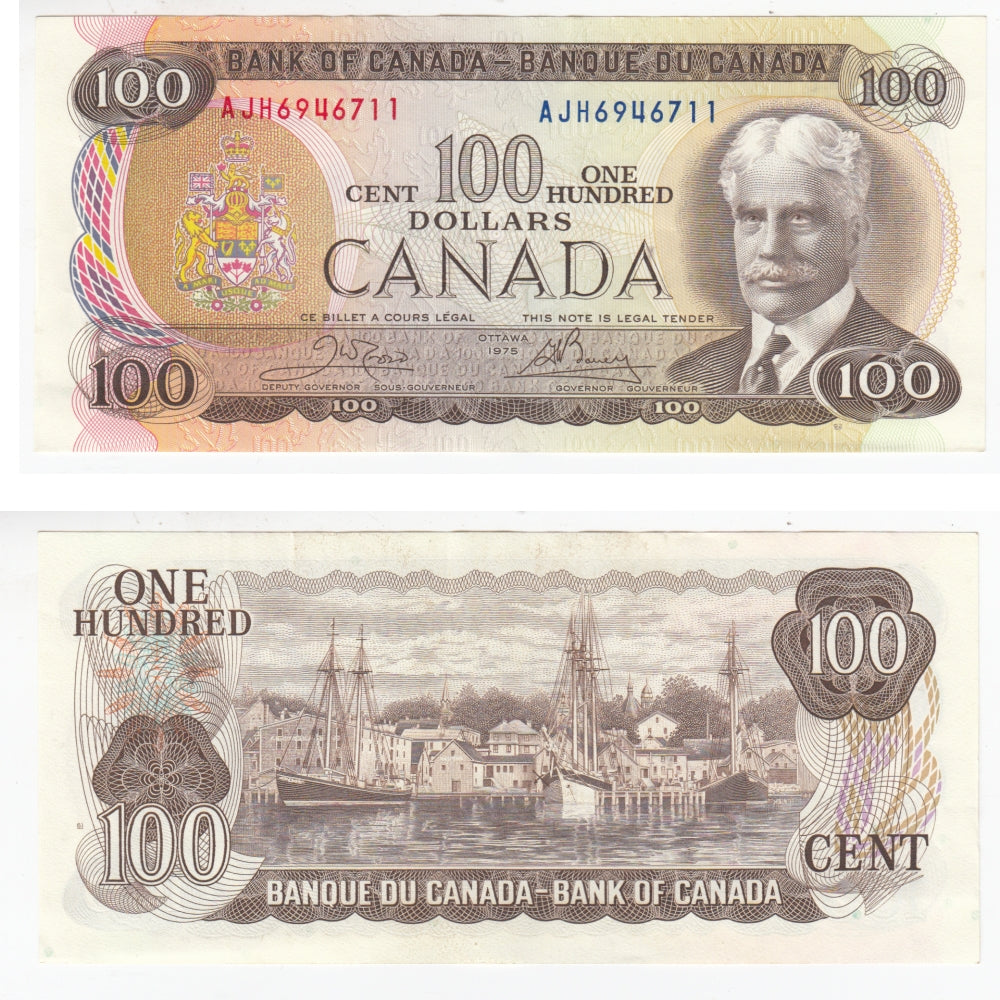 BC-52b 1975 Canada $100 Crow-Bouey, AJH, Almost Uncirculated (AU50)