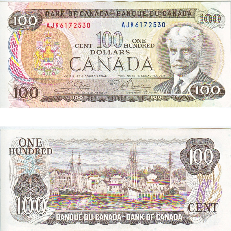 BC-52b 1975 Canada $100 Crow-Bouey, AJK, Almost Uncirculated (AU50)