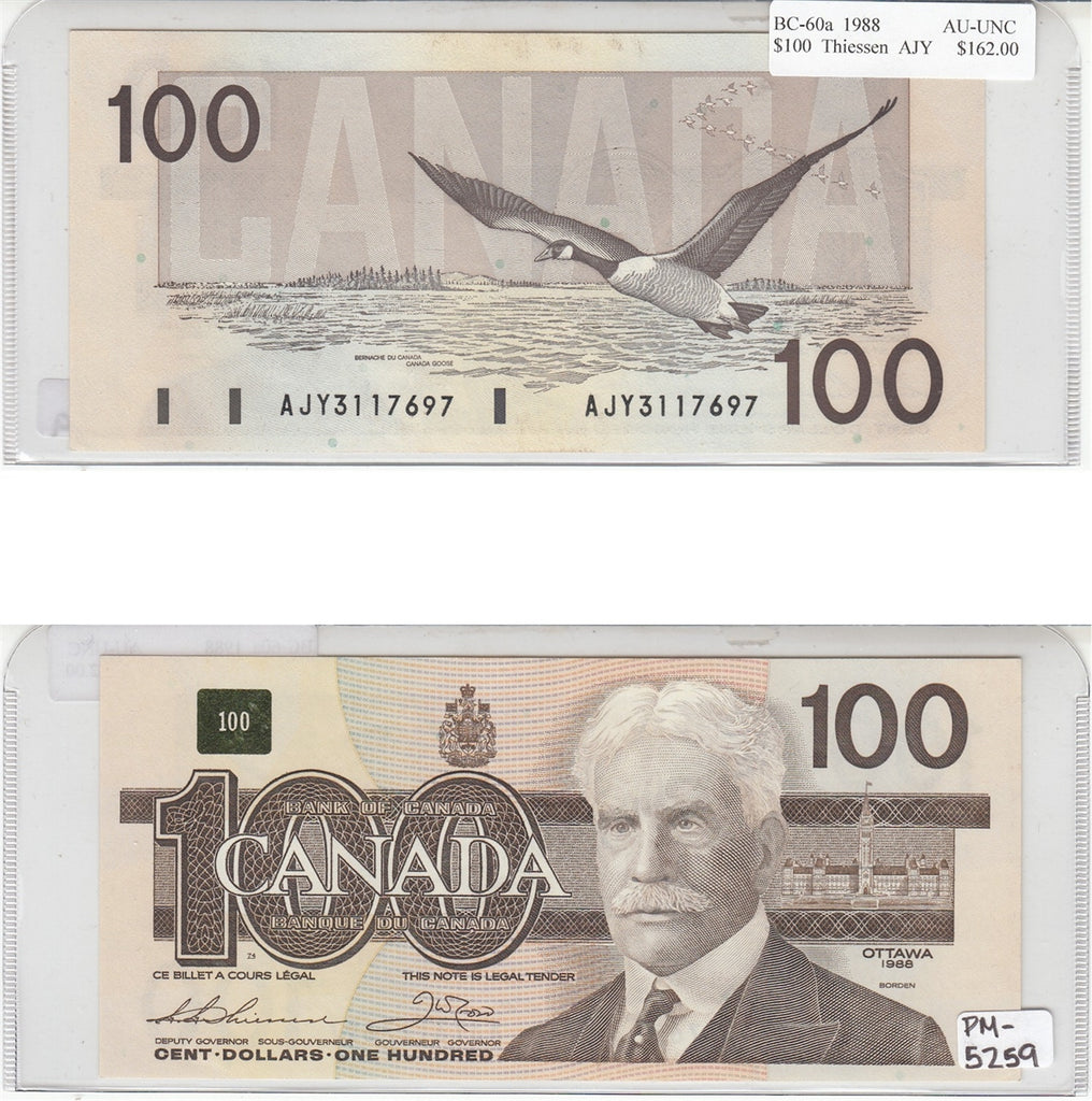 BC-60a 1988 Canada $100 Thiessen-Crow, AJY, AU-UNC (AU55)