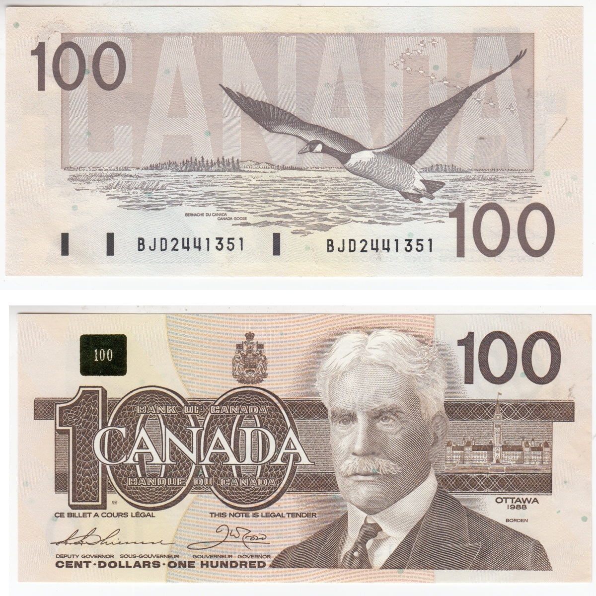 BC-60a-i 1988 Canada $100 Thiessen-Crow, BJD, Almost Uncirculated (AU50)