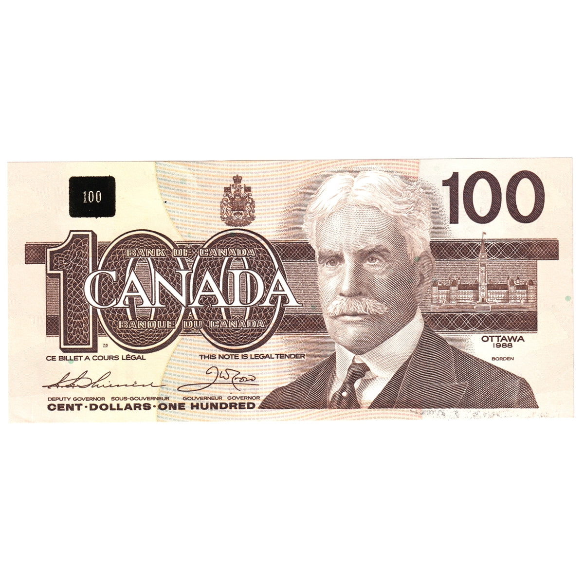BC-60a-i 1988 Canada $100 Thiessen-Crow, BJG, Almost Uncirculated (AU50)