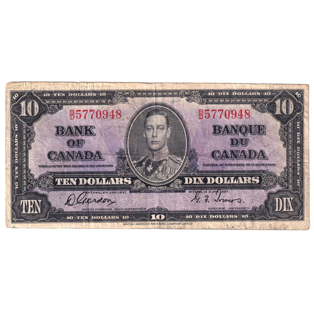 BC-24b 1937 Canada $10 Gordon-Towers, B/D, VG-F (VG10)