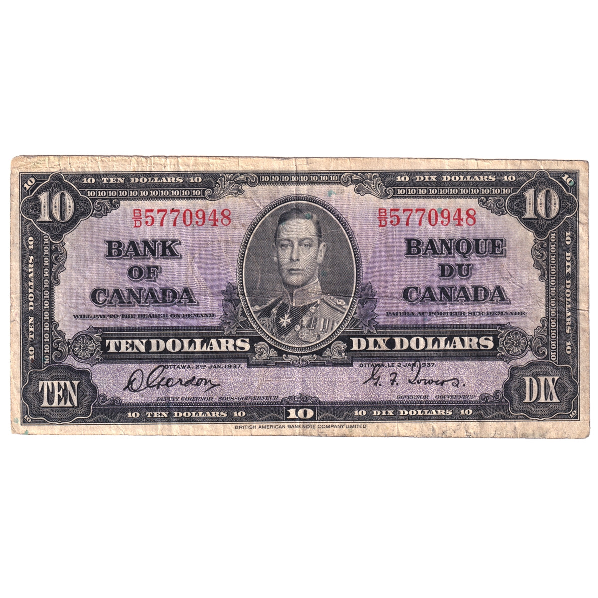 BC-24b 1937 Canada $10 Gordon-Towers, B/D, VG-F (VG10)