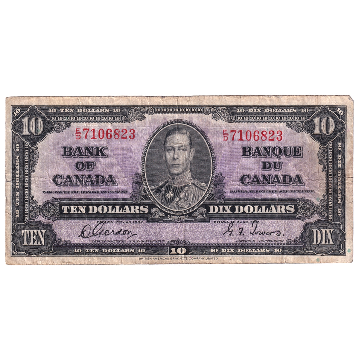 BC-24b 1937 Canada $10 Gordon-Towers, E/D, CIRC