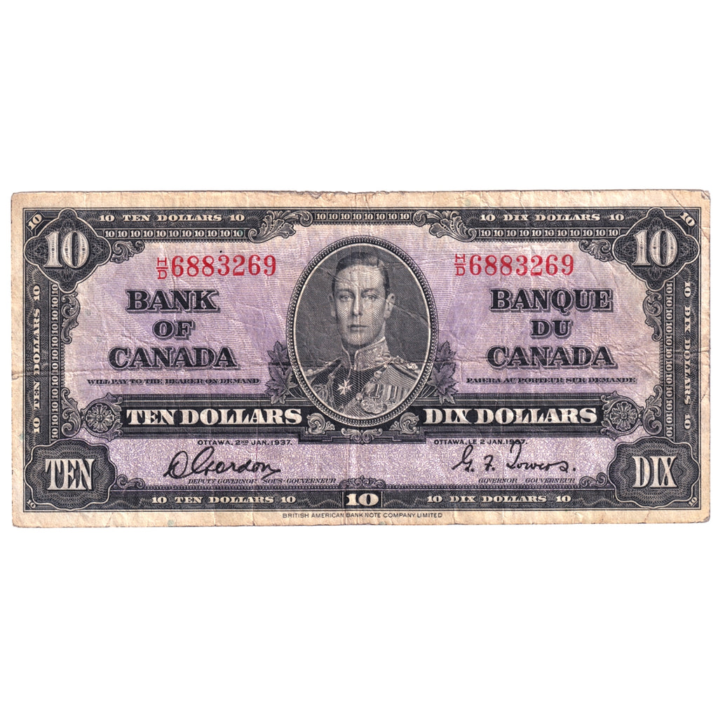 BC-24b 1937 Canada $10 Gordon-Towers, H/D, Very Good (VG8)