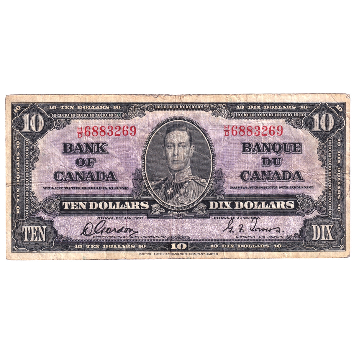 BC-24b 1937 Canada $10 Gordon-Towers, H/D, Very Good (VG8)