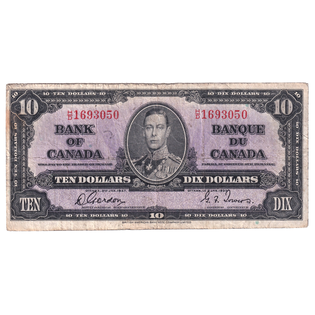 BC-24b 1937 Canada $10 Gordon-Towers, H/D, Circ