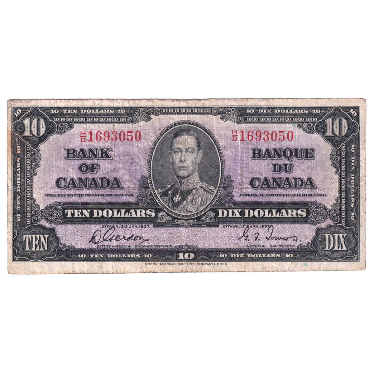 BC-24b 1937 Canada $10 Gordon-Towers, H/D, Circ