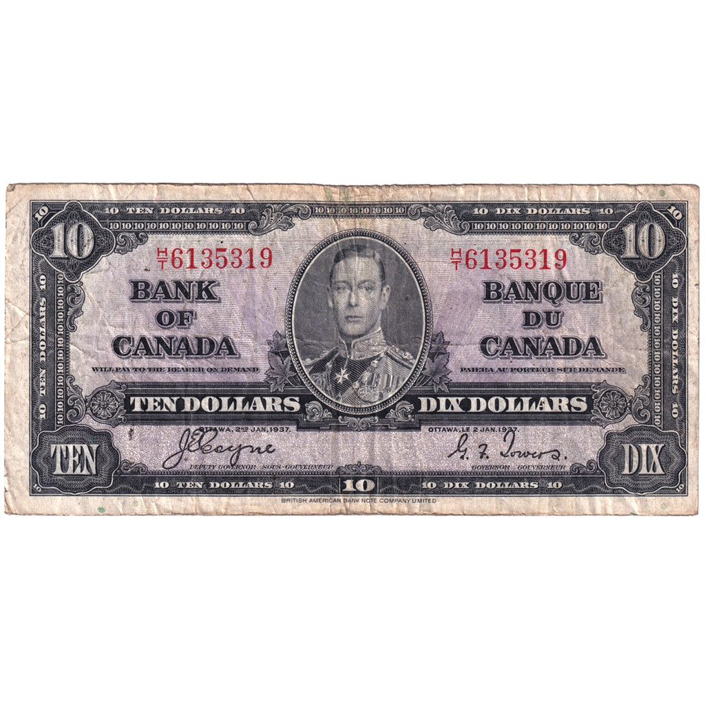 BC-24c 1937 Canada $10 Coyne-Towers, H/T, VG-F (VG10)