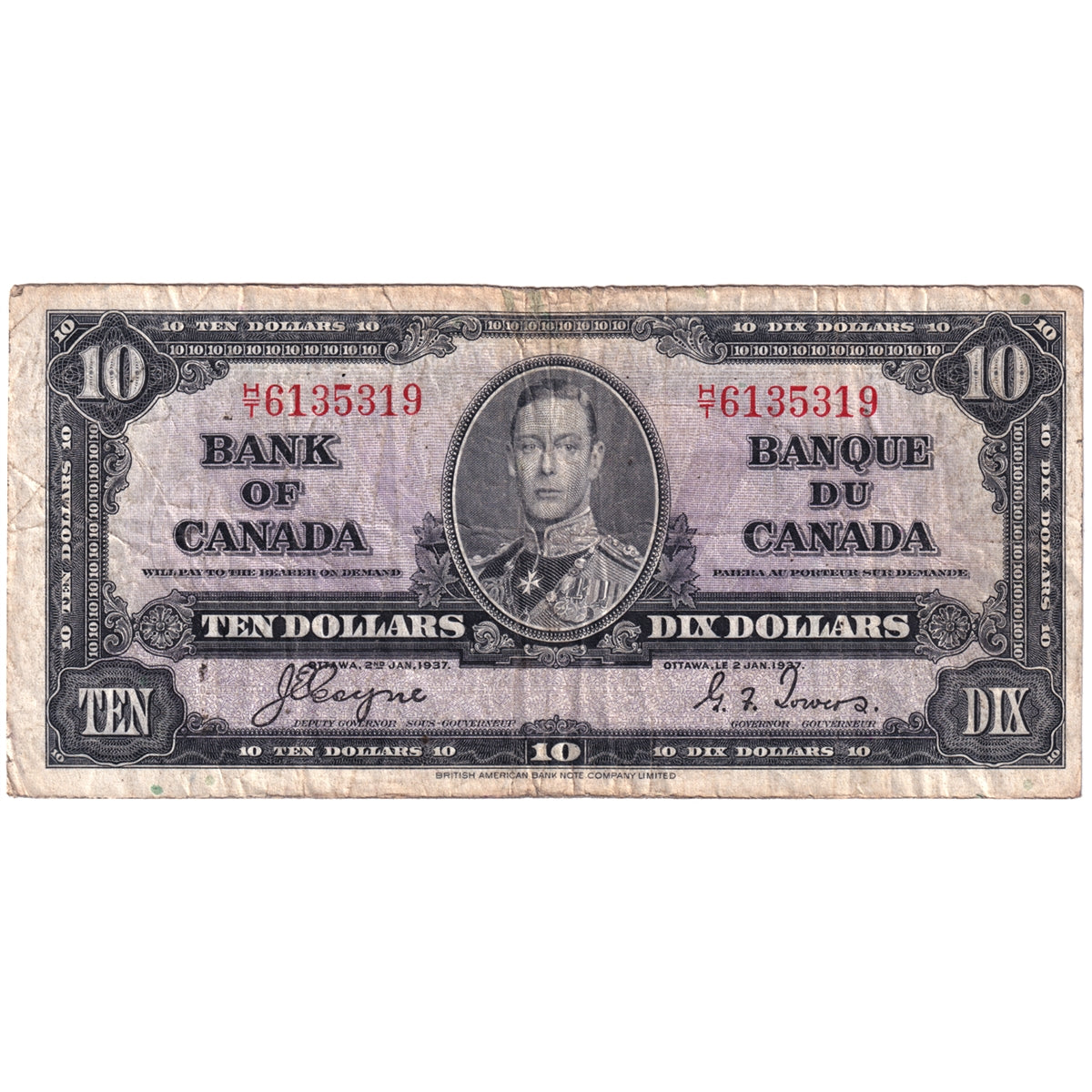 BC-24c 1937 Canada $10 Coyne-Towers, H/T, VG-F (VG10)