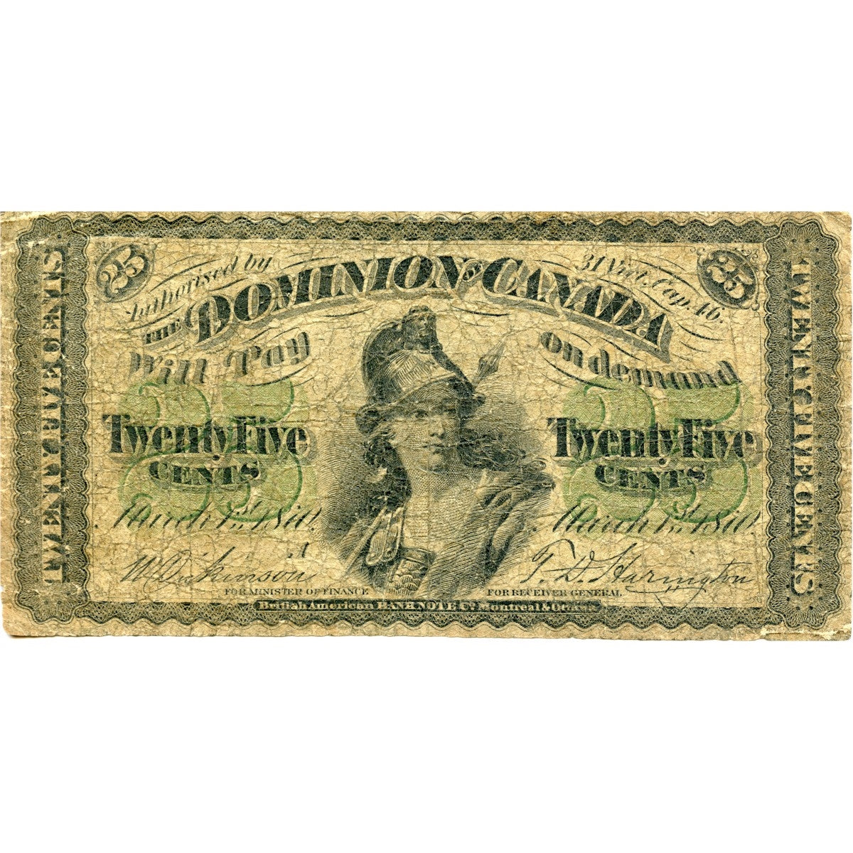 DC-1a 1870 Dominion 25 cent Shinplaster Dickinson-Harington, Series A, Good (G4)