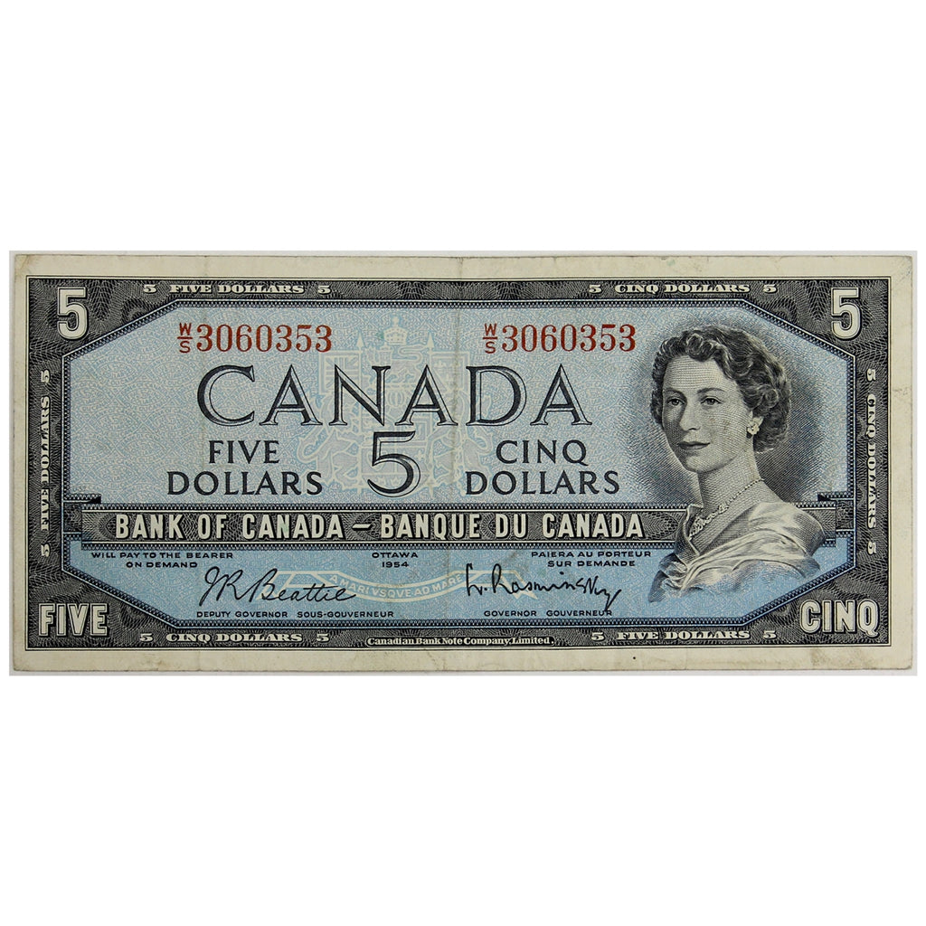 BC-39b 1954 Canada $5 Beattie-Rasminsky, W/S, Very Fine (VF20)