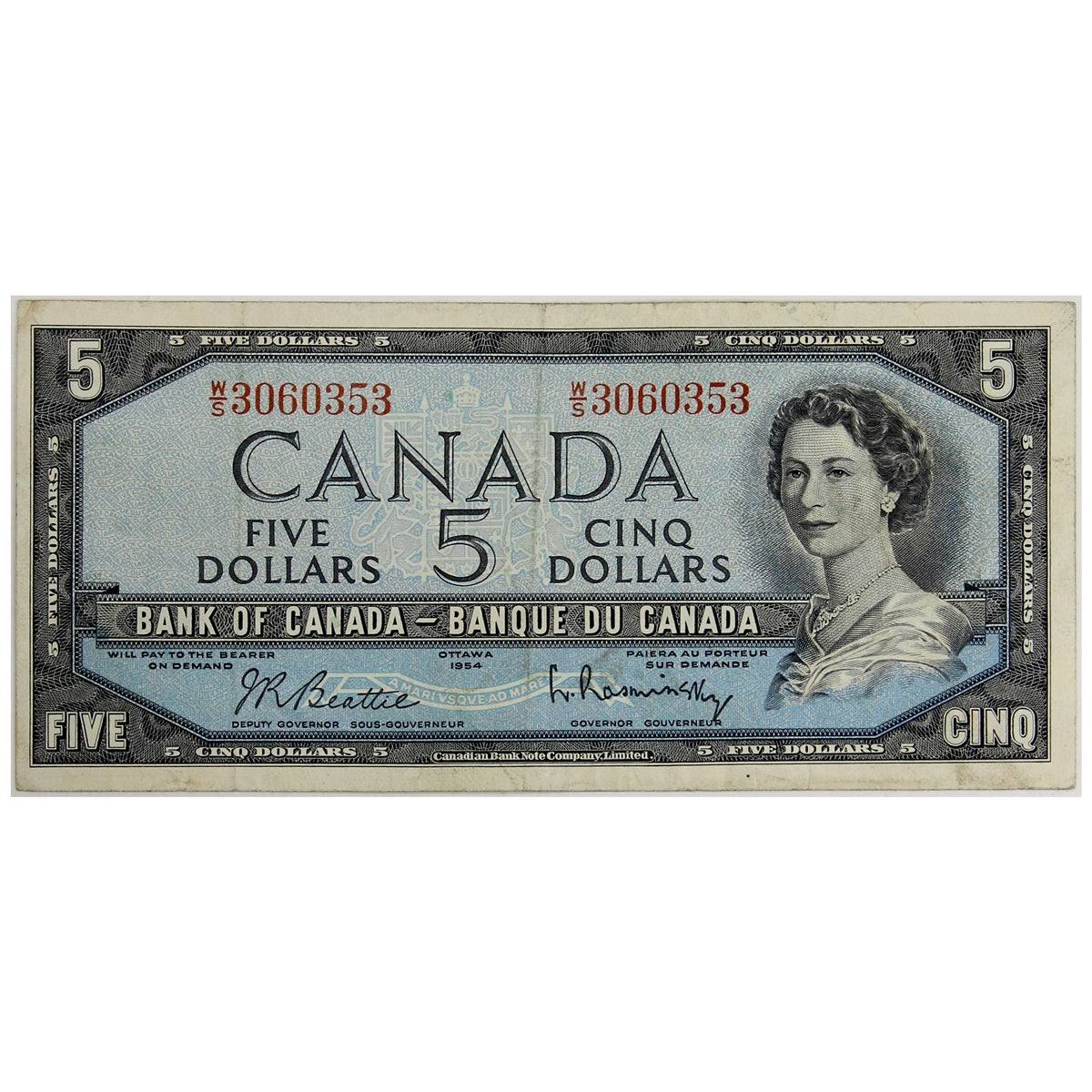 BC-39b 1954 Canada $5 Beattie-Rasminsky, W/S, Very Fine (VF20)