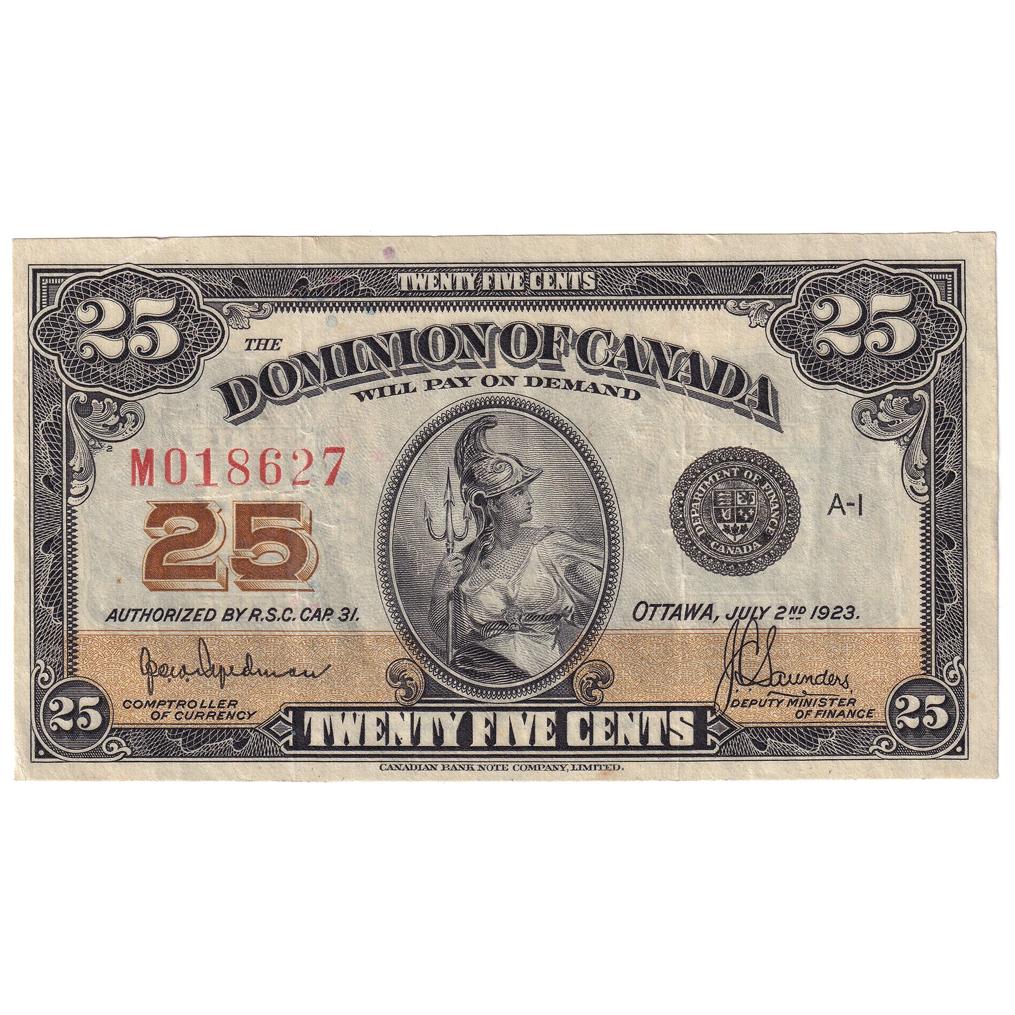 Shinplaster Coin DC-24a 1923 Dominion 25 cent Shinplaster Hyndman-Saunders, Authorized ...