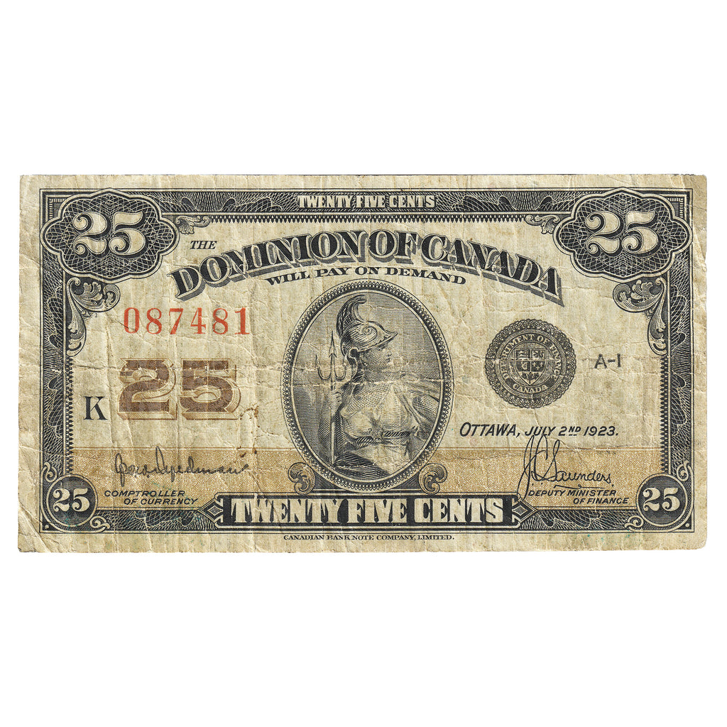 DC-24b 1923 Canada 25-cent Shinplaster Hyndman-Saunders, No Authorized, F-VF (F15)