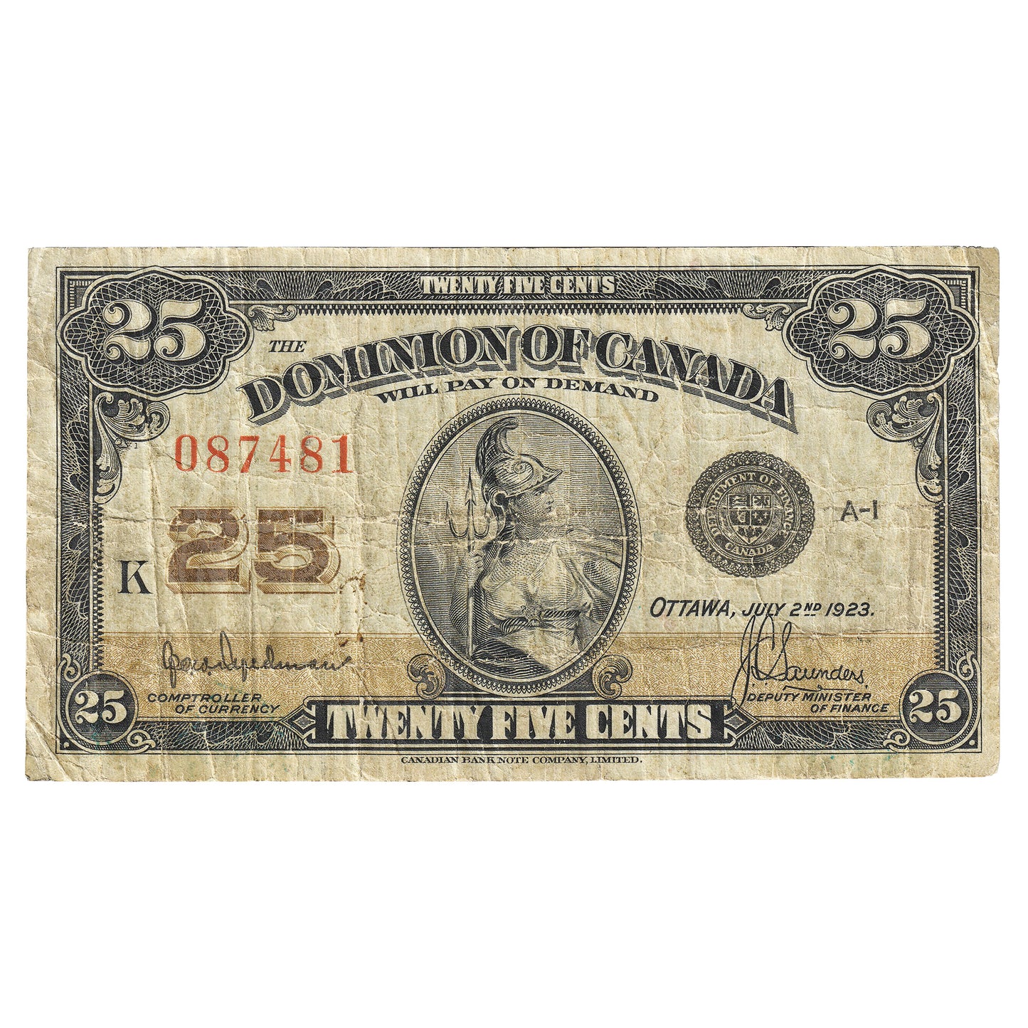 DC-24b 1923 Canada 25-cent Shinplaster Hyndman-Saunders, No Authorized, F-VF (F15)