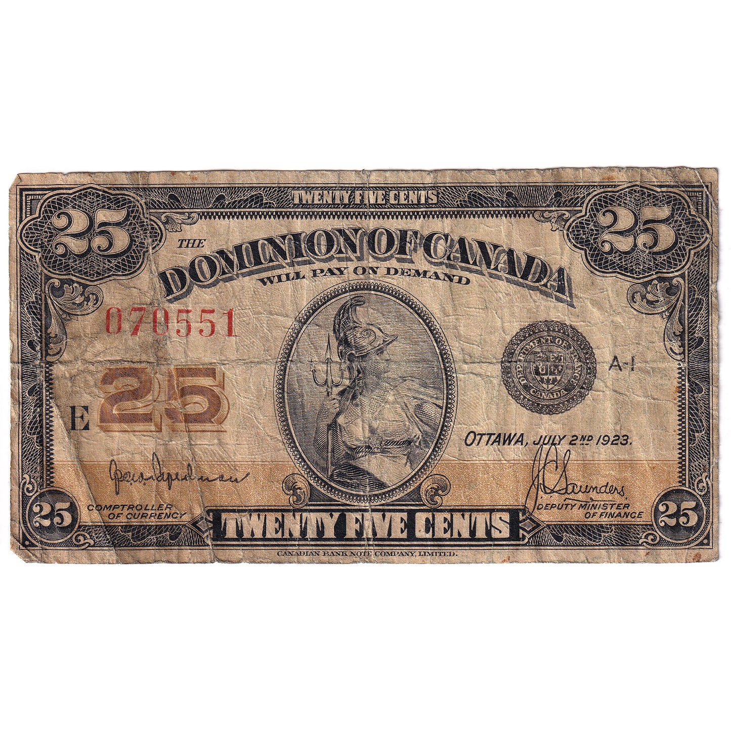 DC-24b 1923 Dominion 25 cent Shinplaster Hyndman-Saunders, VG-F (VG10)