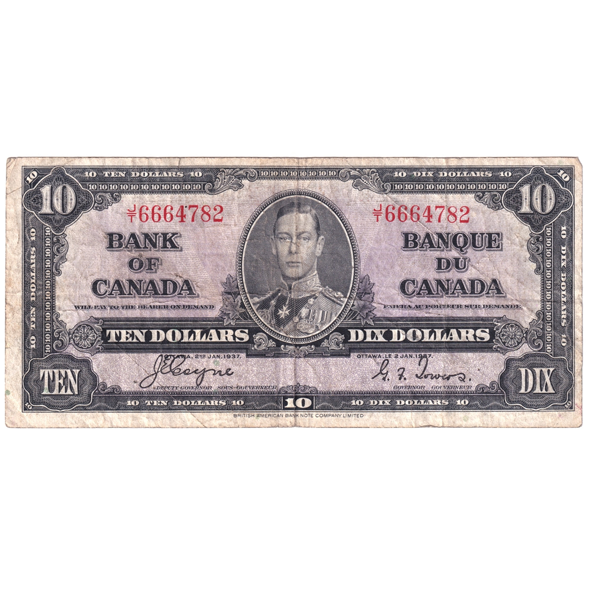 BC-24c 1937 Canada $10 Coyne-Towers, J/T, Circ