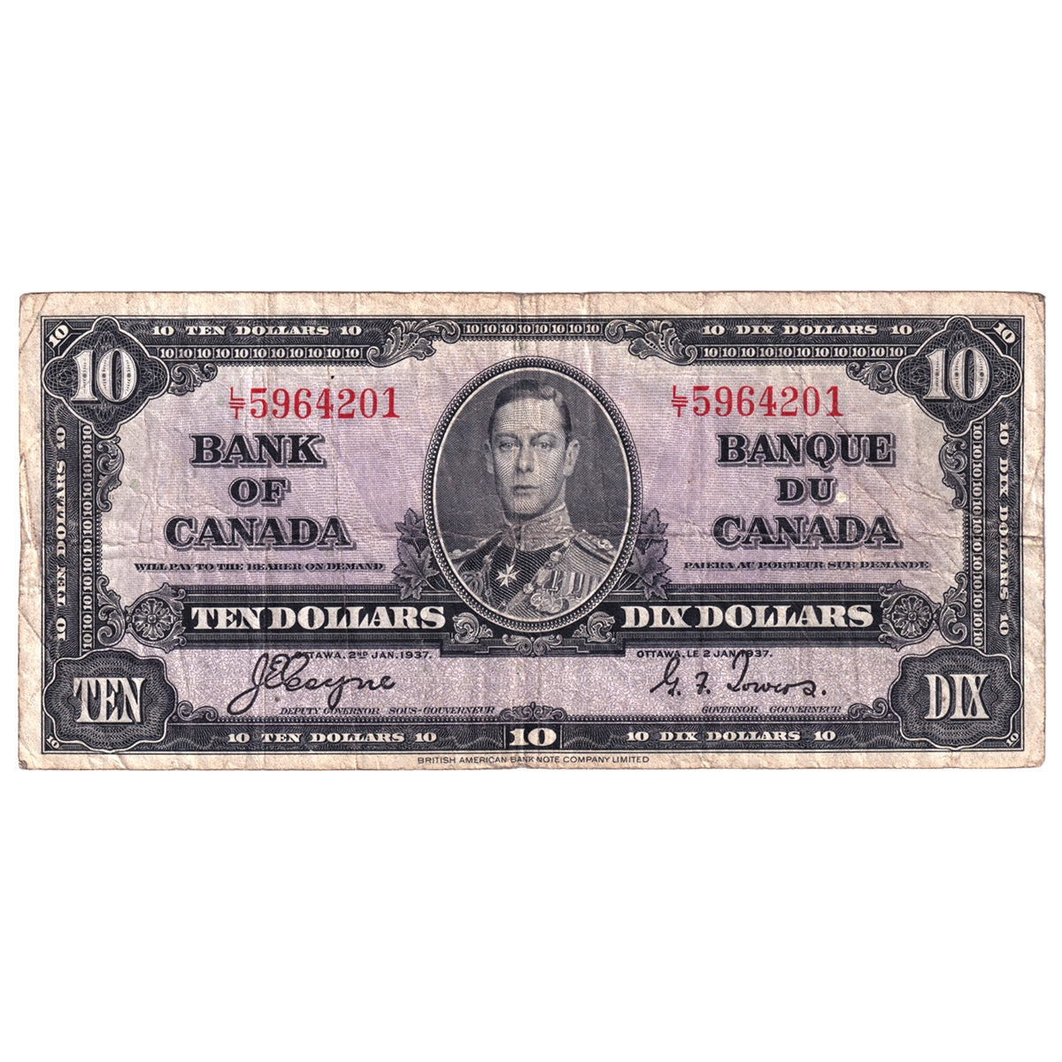 BC-24c 1937 Canada $10 Coyne-Towers, L/T, Circ