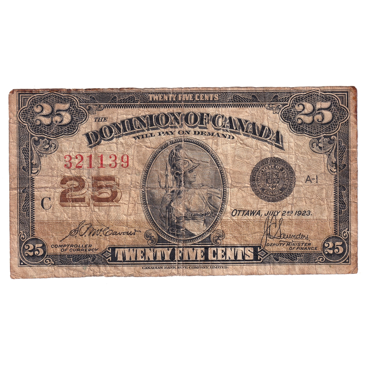 DC-24c 1923 Dominion 25 cent Shinplaster McCavour-Saunders, Very Good (VG8)