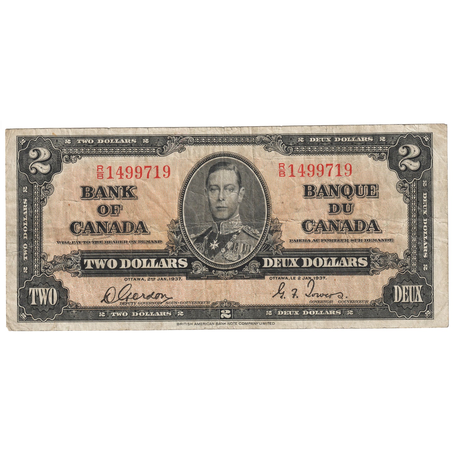 BC-22b 1937 Canada $2 Gordon-Towers, R/B, F-VF