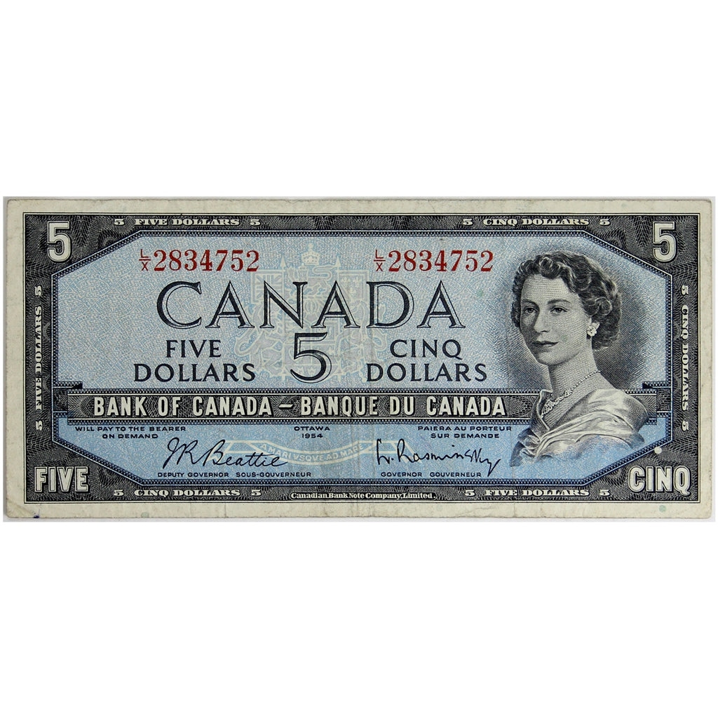 BC-39b 1954 Canada $5 Beattie-Rasminsky, L/X, F-VF (F15)