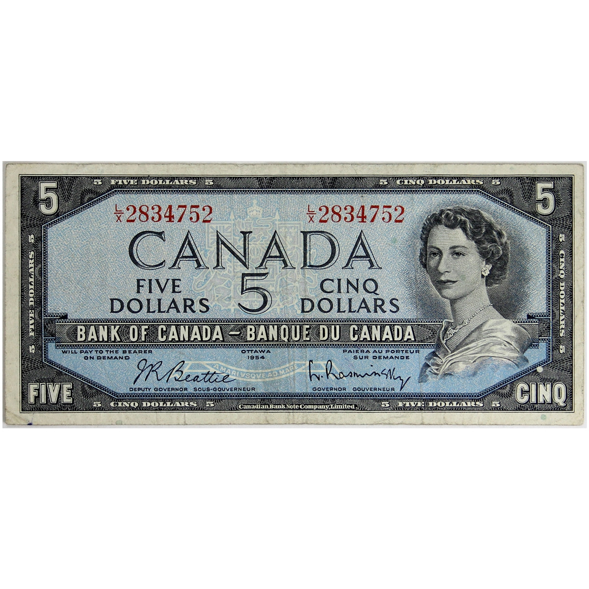 BC-39b 1954 Canada $5 Beattie-Rasminsky, L/X, F-VF (F15)
