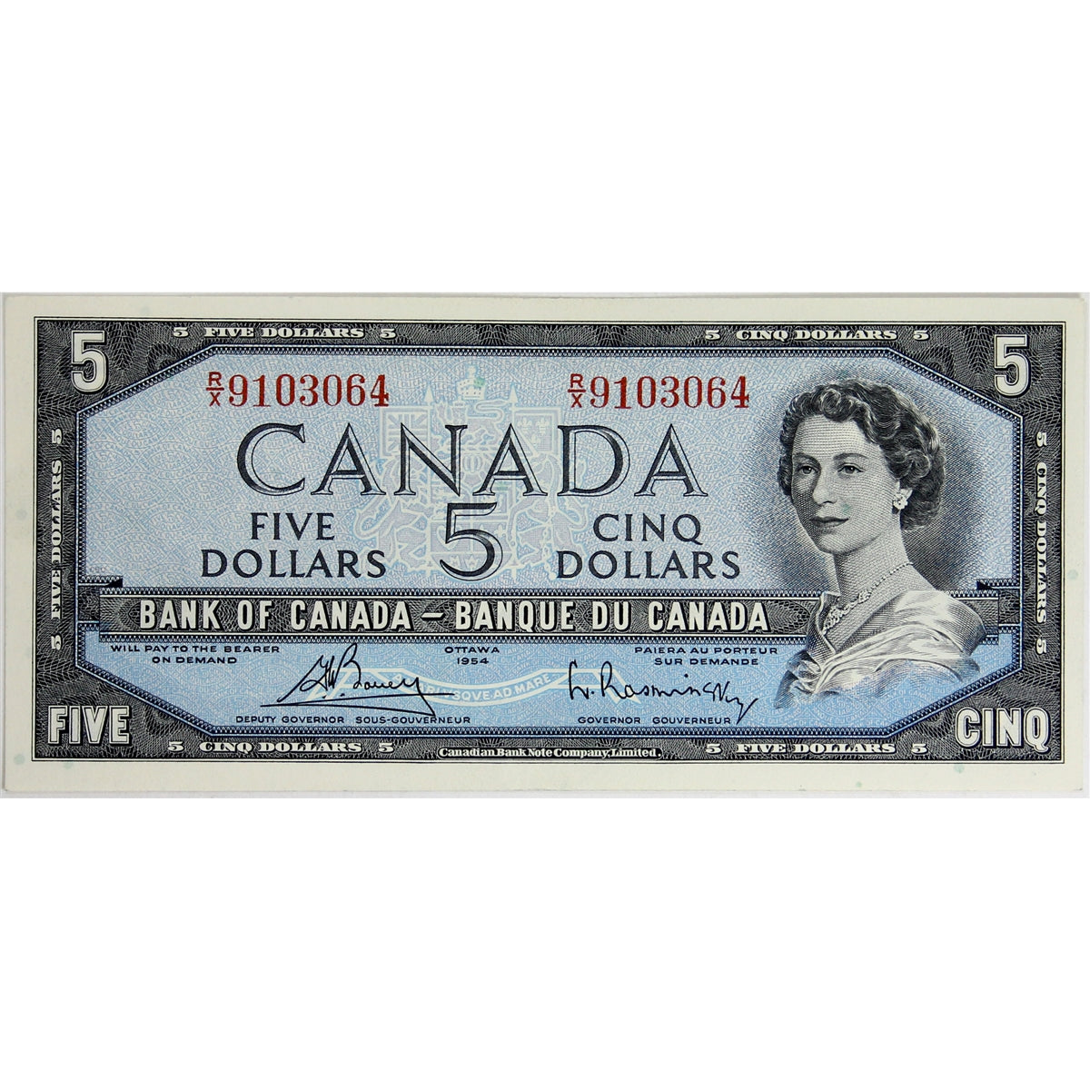 BC-39c 1954 Canada $5 Bouey-Rasminsky, R/X, AU-UNC (AU55)