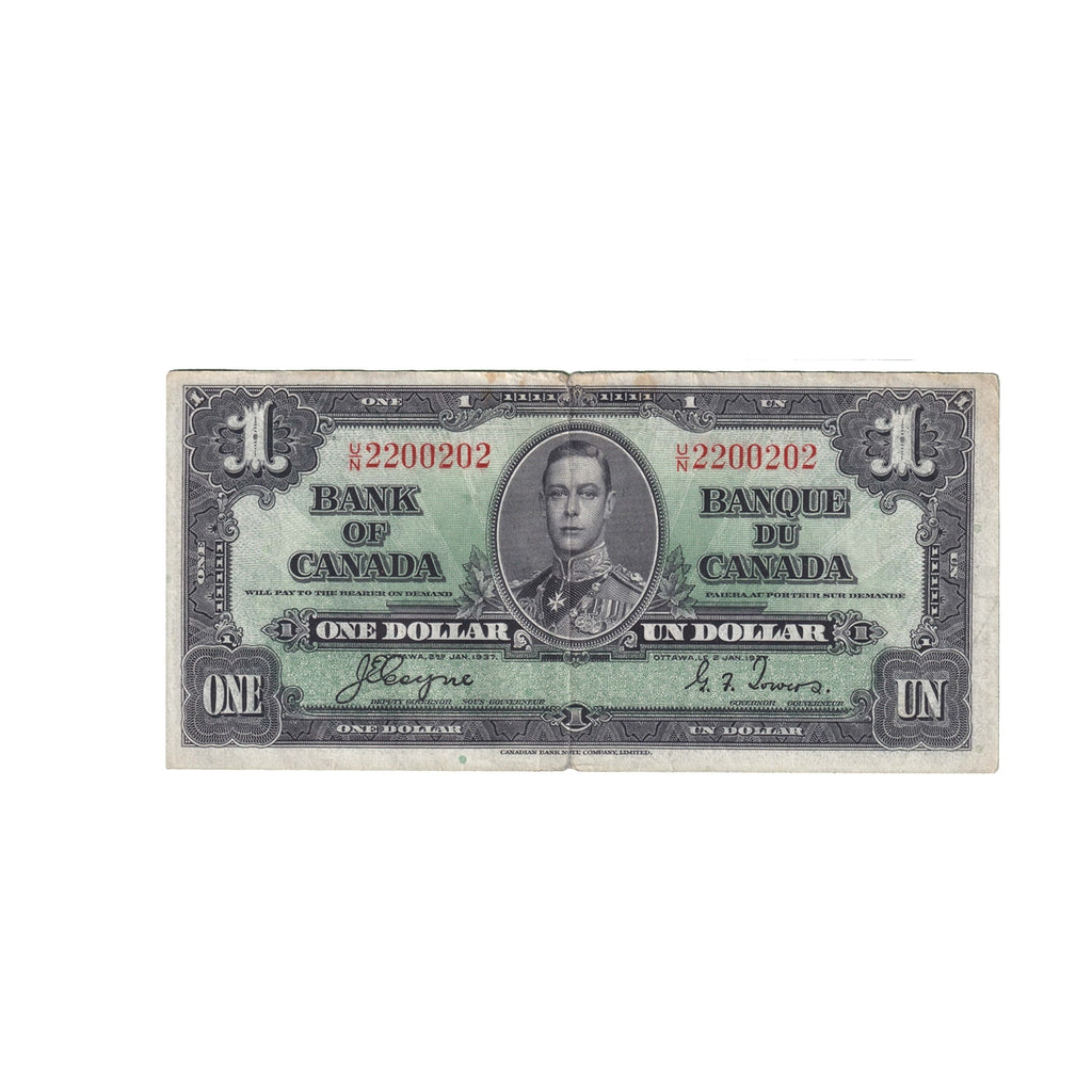 BC-21d 1937 Canada $1 Coyne-Towers, U/N with Neat Serial Number 2200202, Circ