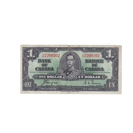 BC-21d 1937 Canada $1 Coyne-Towers, U/N with Neat Serial Number 2200202, Circ