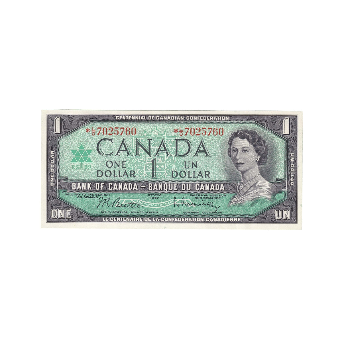 BC-45bA 1967 Canada $1 Beattie-Rasminsky, *L/O, Uncirculated (MS60)