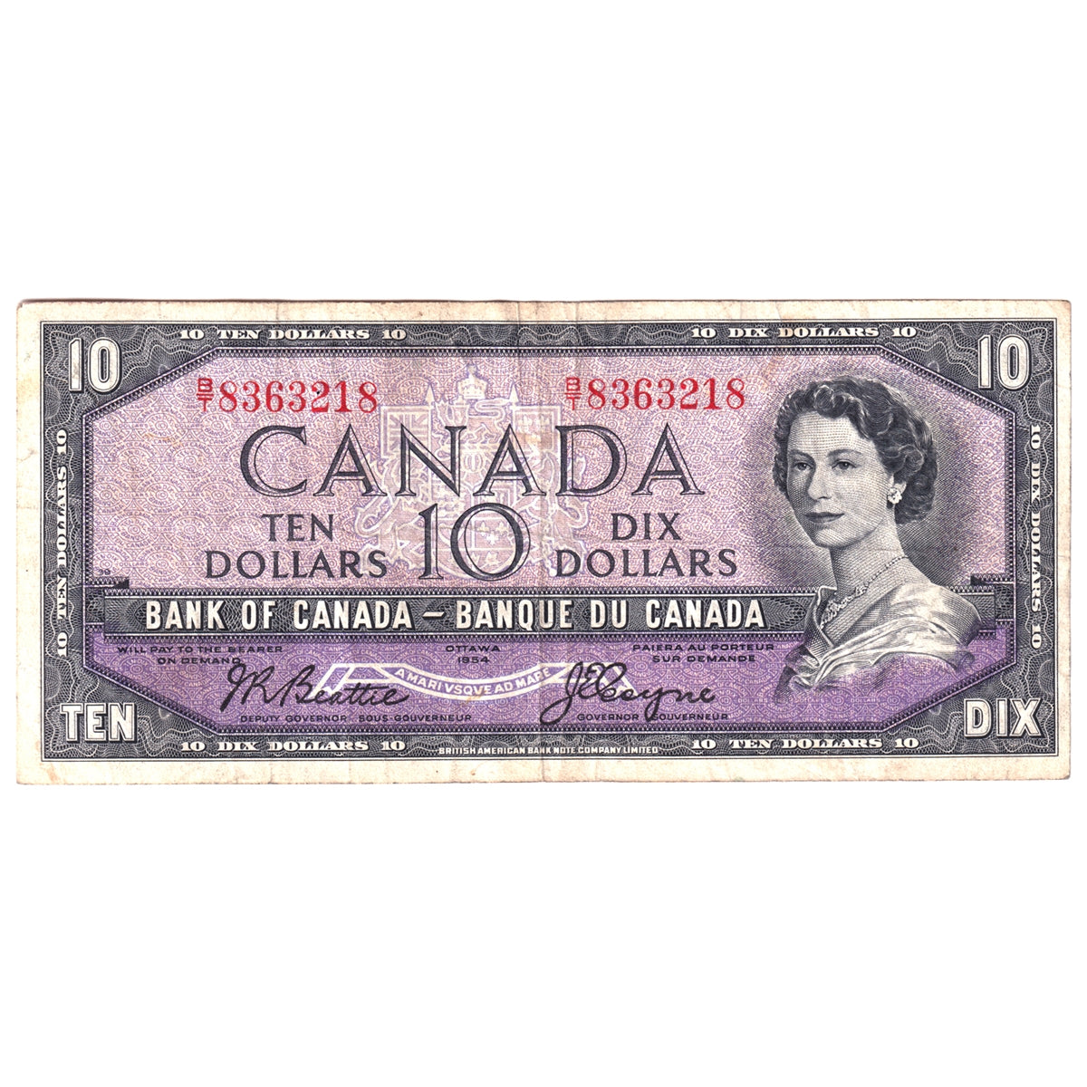 BC-40a 1954 Canada $10 Beattie-Coyne, B/T, F-VF (F15)