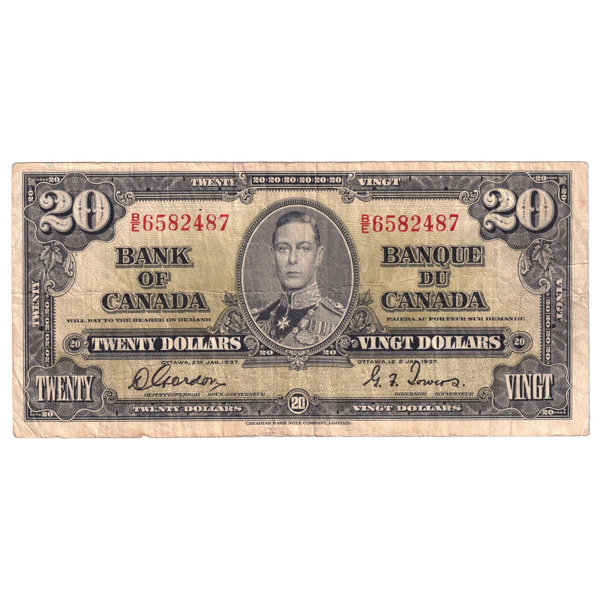 BC-25b 1937 Canada $20 Gordon-Towers, B/E, Circ