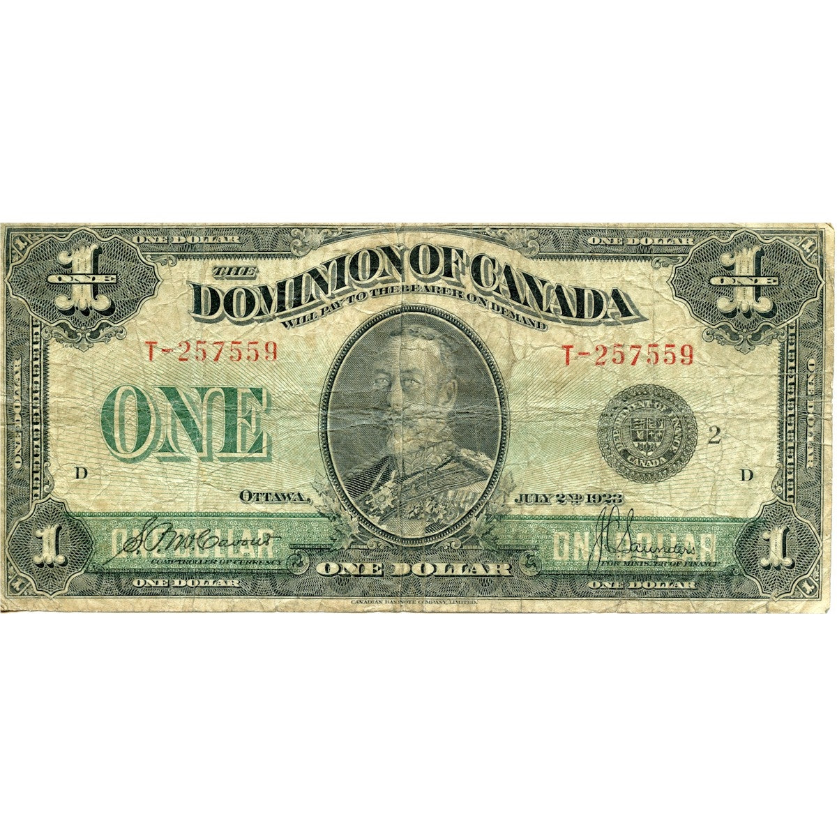 DC-25F1923 Dominion $1 McCavour-Saunders, Black Seal, Group 2, Very Good (VG8)