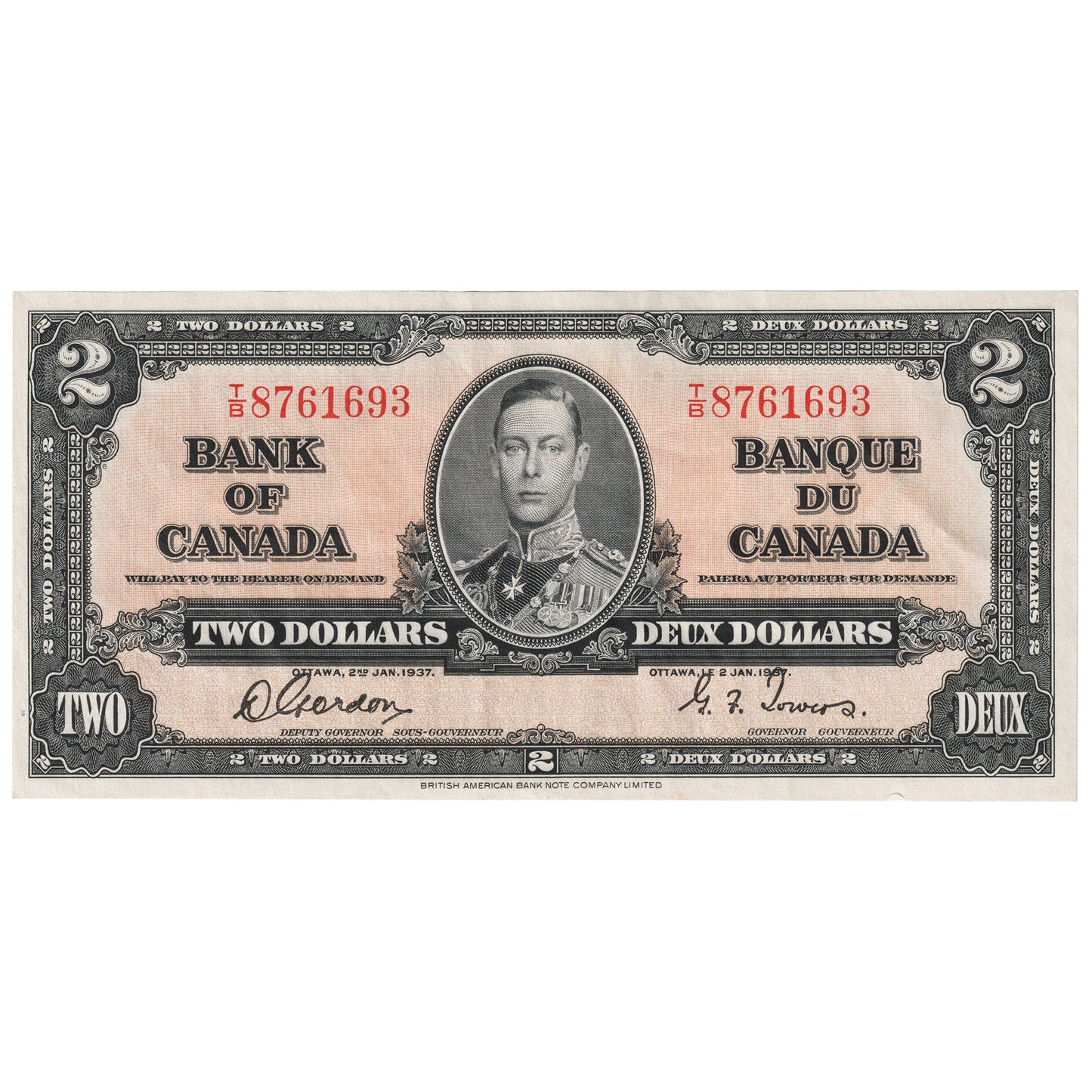 BC-22b 1937 Canada $2 Gordon-Towers, T/B, AU