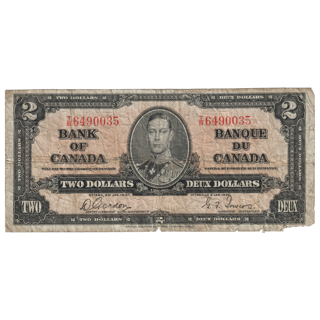 BC-22b 1937 Canada $2 Gordon-Towers, T/B, Circulated