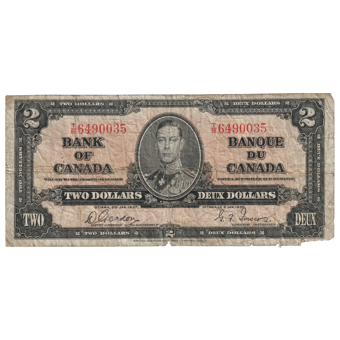 BC-22b 1937 Canada $2 Gordon-Towers, T/B, Circulated