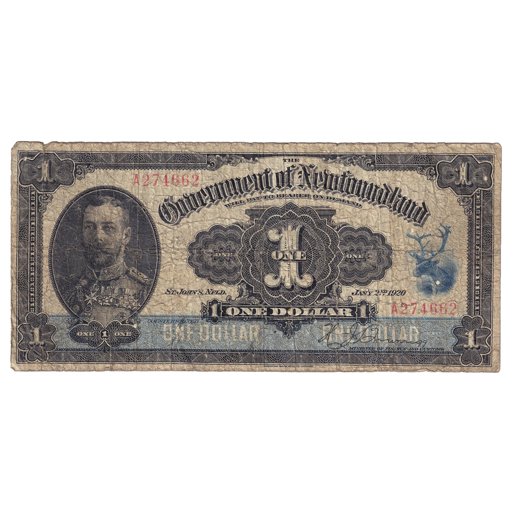 NF-12 1920 Government of Newfoundland $1 Brownigg, G-VG (G6)